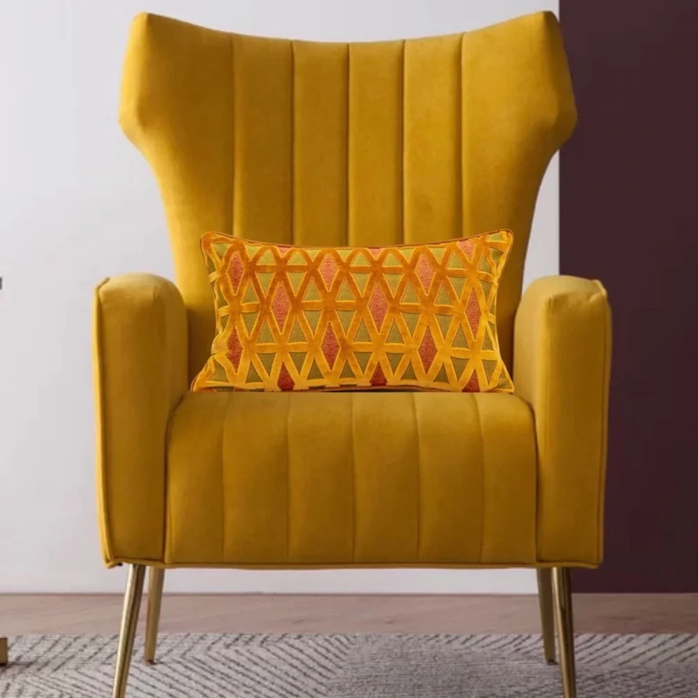 Luxury Home | Golden Orange Diamond Cut Velvet Jaquard Lumbar Throw Pillow Cover